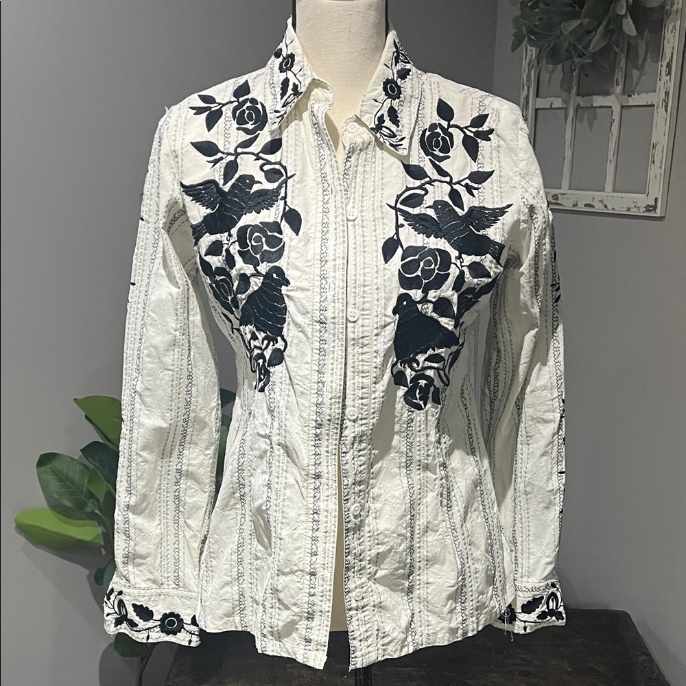 White Button-Up Shirt with Black Floral Embroidery